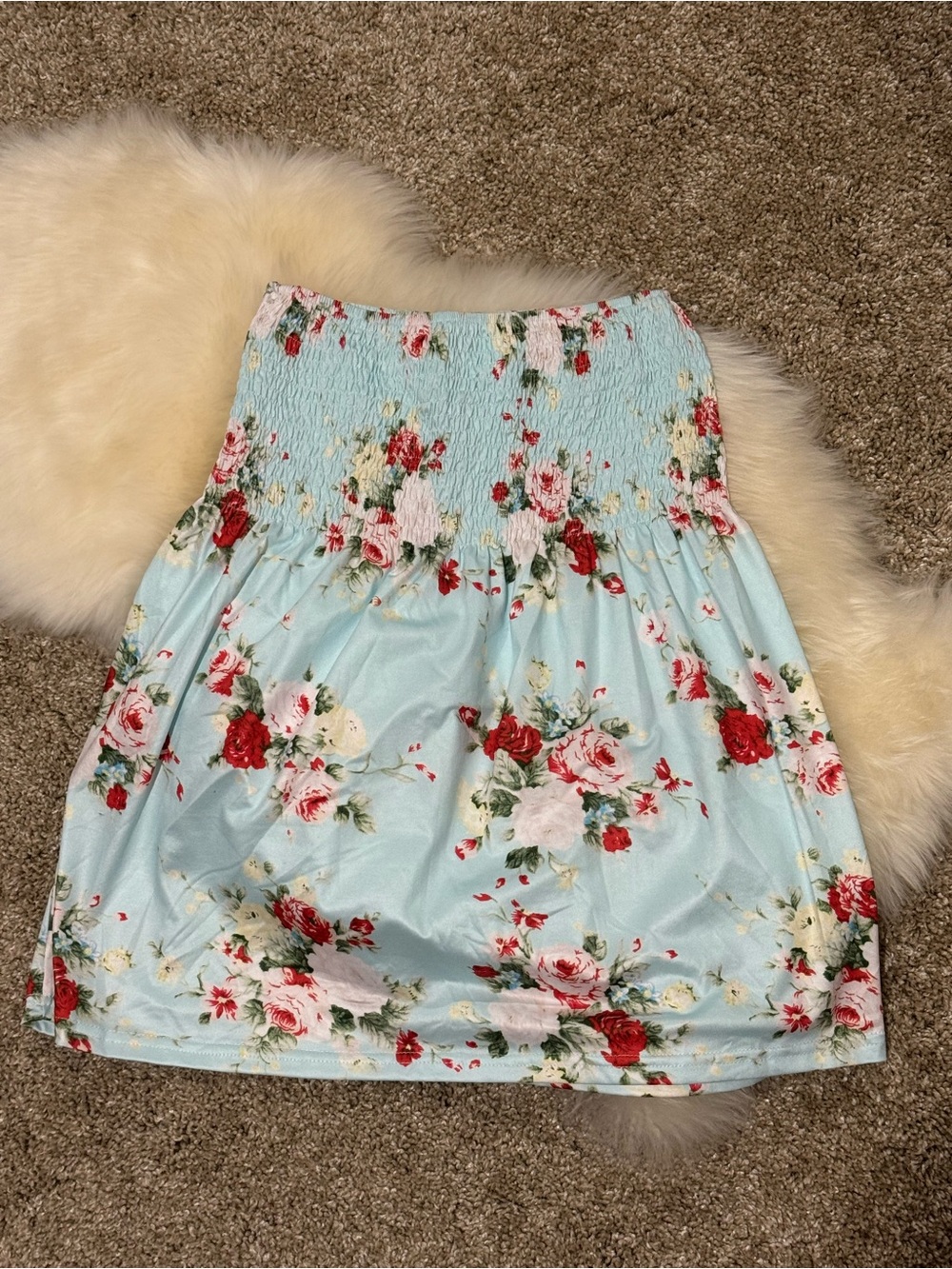 NWOT Floral Strapless Smocked Tube Top Turquoise Aqua Blue Summer Size S to M